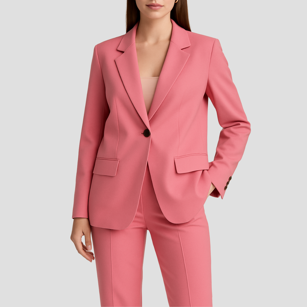 Chic single-breasted pant suit for women. A modern tailored two-piece set for professional & elegant wear.