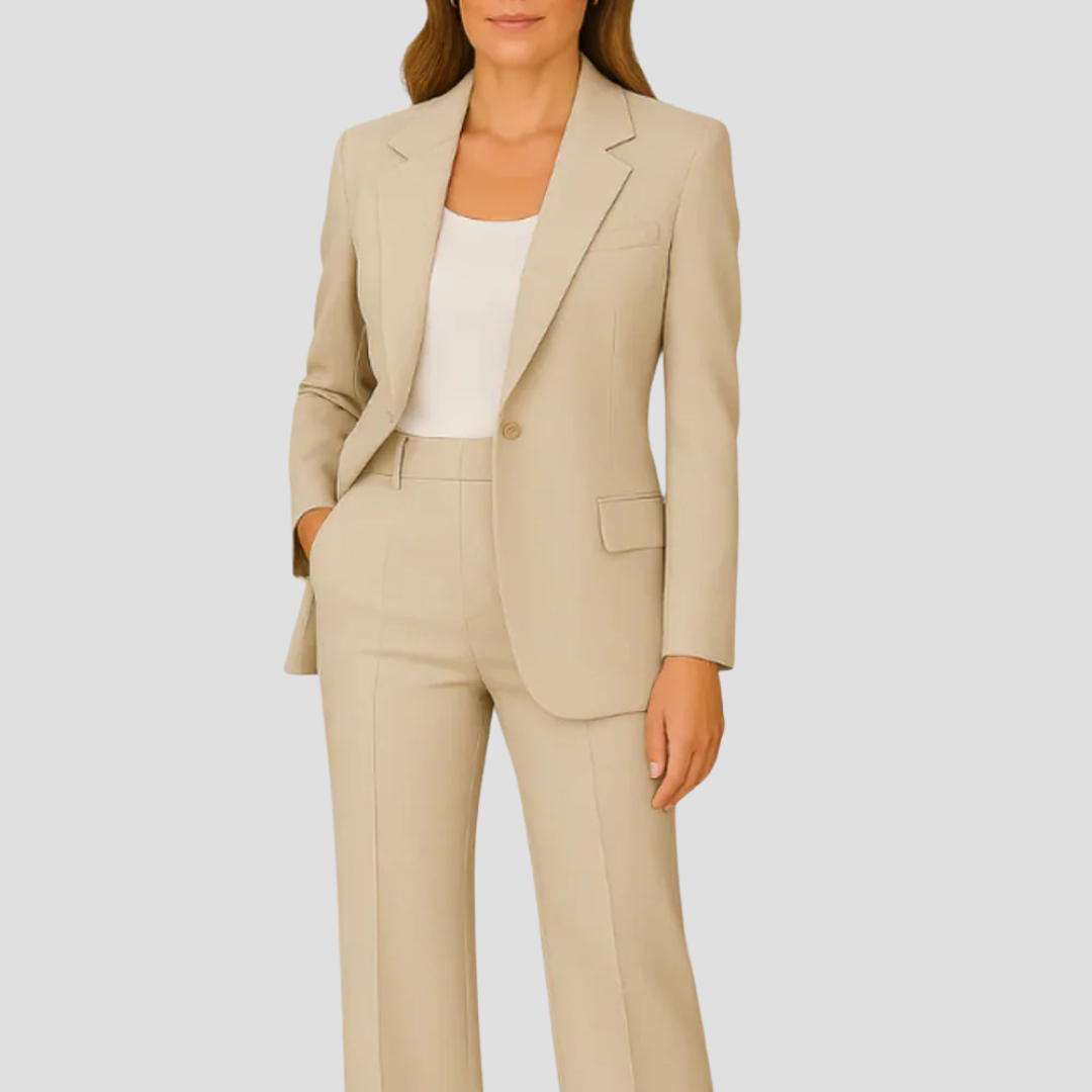 Modern women's tailored pant suit set with single-breasted blazer. Professional fashion for office & events.
