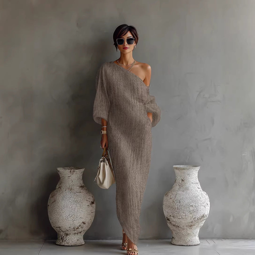 Elegant women's slanted neck maxi dress with stylish lantern sleeves, perfect for casual summer wear.