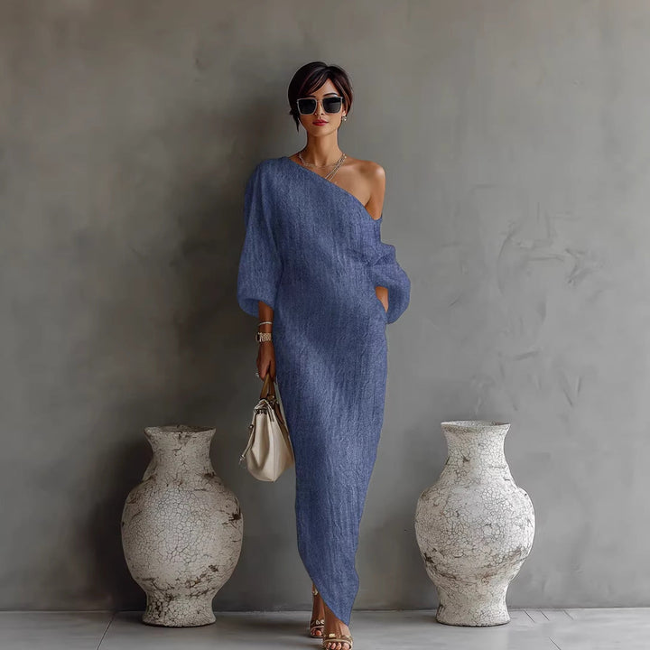 Chic women's casual maxi dress with slanted neck & lantern sleeves, ideal for summer occasions.