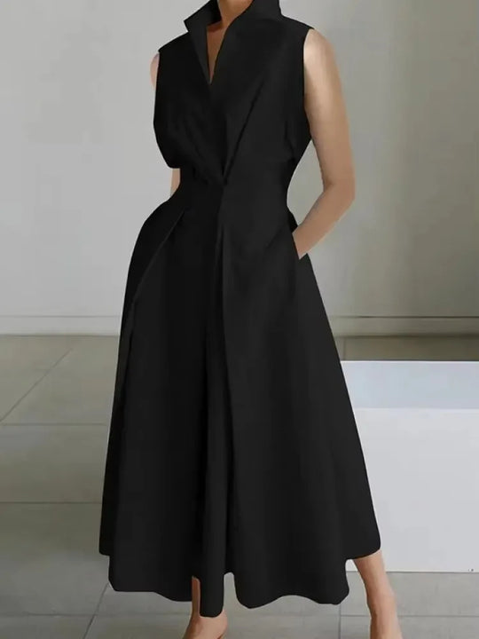 Versatile women's elegant A-line midi dress with lapel collar and practical pockets, suitable for casual or office.