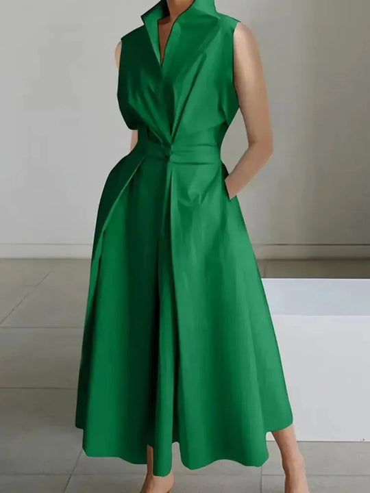 Comfortable women's elegant lapel midi dress with pockets. Ideal for summer casual wear or professional office attire.