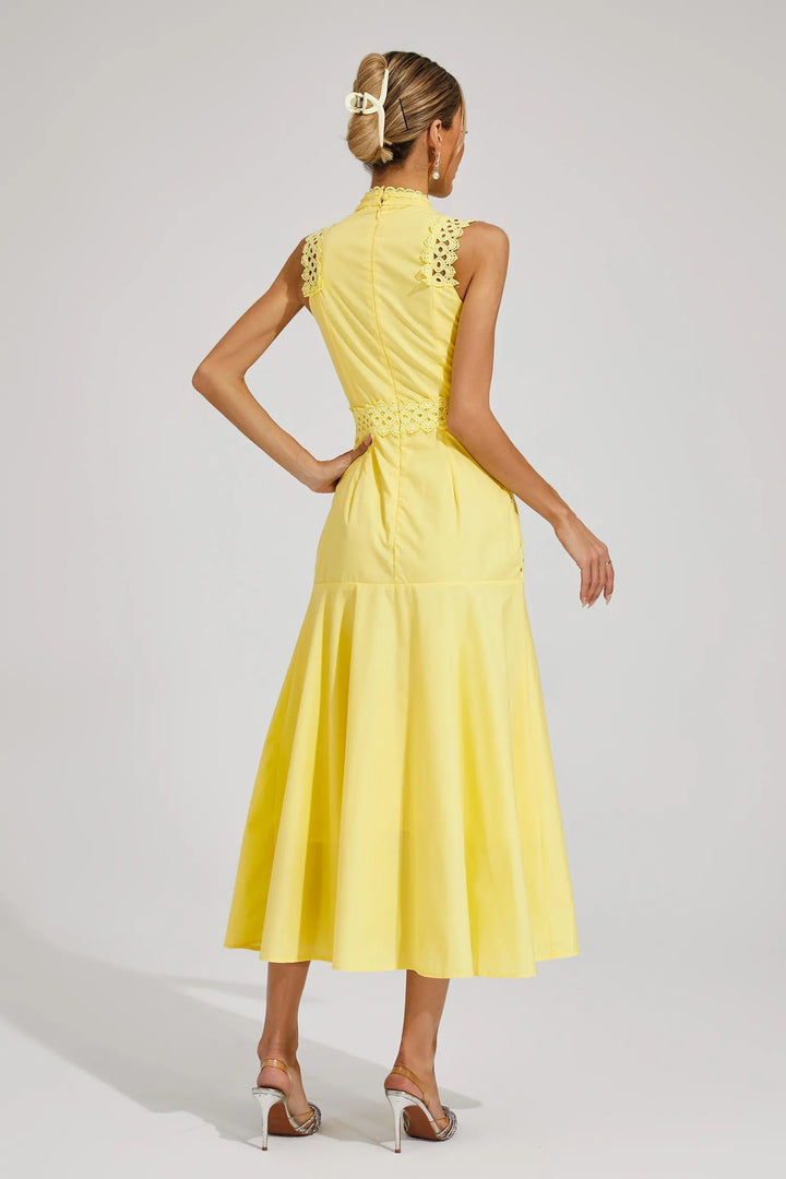 Women's elegant sleeveless midi dress with delicate lace panels, a versatile choice for summer, party, or casual wear.