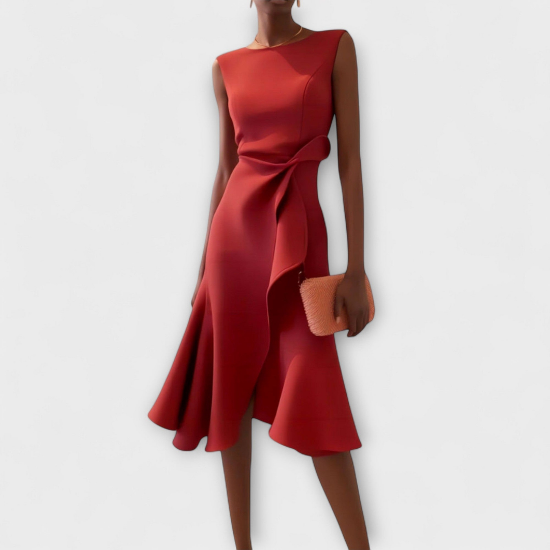 Elegant women's sleeveless midi dress with draped knot & ruffle detail, perfect for party or cocktail occasions.