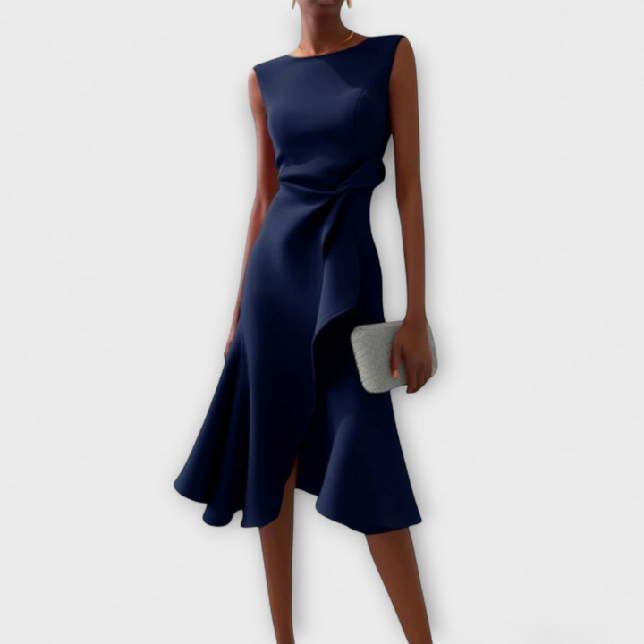 Sleeveless midi dress for women, elegant party & cocktail attire with a chic draped knot and ruffle design.