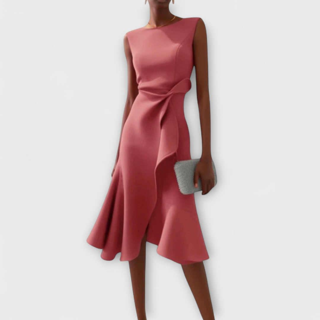 Flowing women's elegant midi dress, sleeveless with beautiful draped knot detail & a graceful ruffle hem.
