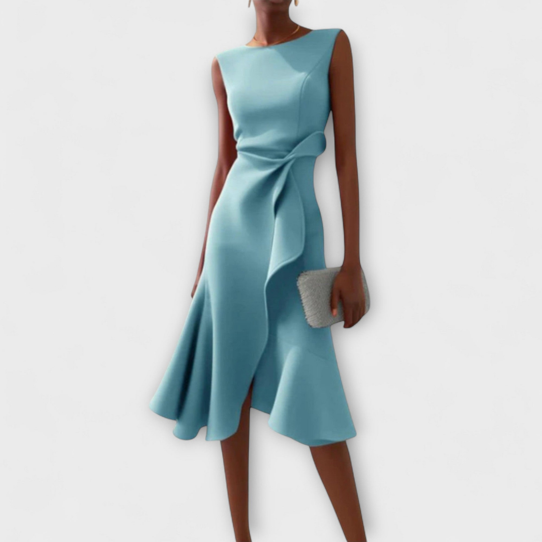 Sophisticated women's sleeveless midi dress, round neck style with elegant draped knot & ruffle for occasions.