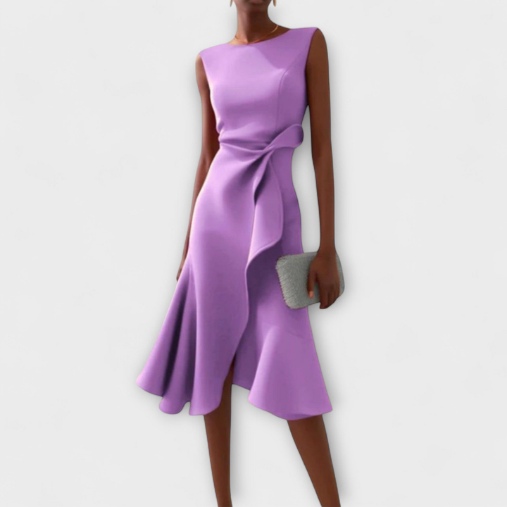 Stylish women's midi dress, sleeveless & elegant. Features draped knot, ruffle, ideal for parties & occasions.