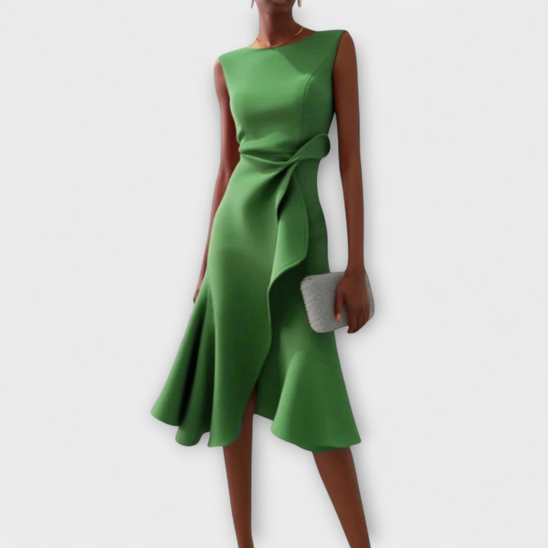 Women's elegant sleeveless midi dress with a unique draped knot, pretty ruffle detail, perfect for parties.