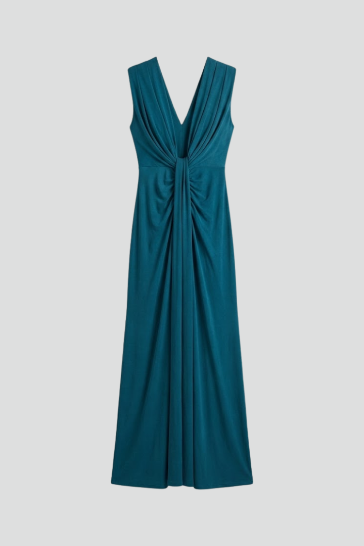 Elegant women's sleeveless V-neck pleated maxi dress, perfect for formal events.