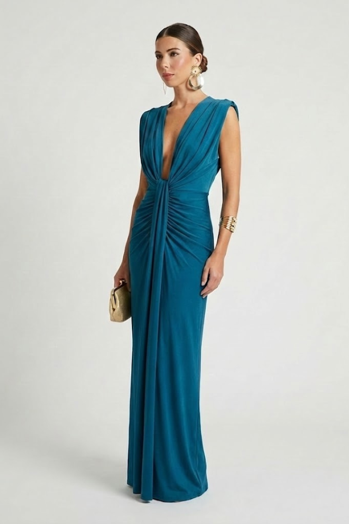 V-neck sleeveless maxi dress for women, highlighting the elegant neckline and flattering silhouette.