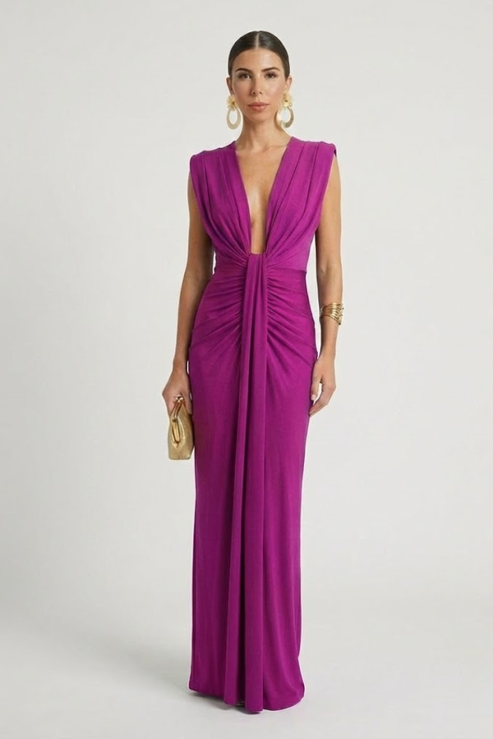 Sophisticated women's sleeveless V-neck pleated maxi dress, a chic formal and evening wear option.