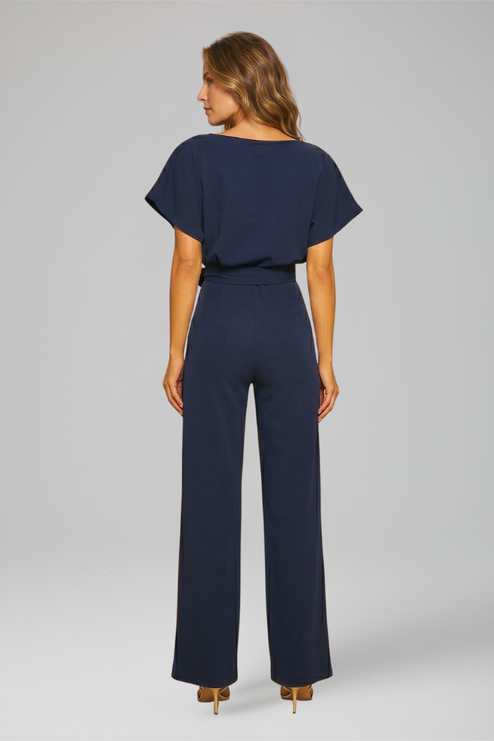 Sophisticated women's elegant sleeveless wide leg jumpsuit; comfortable, pull-on, and suitable for any season.