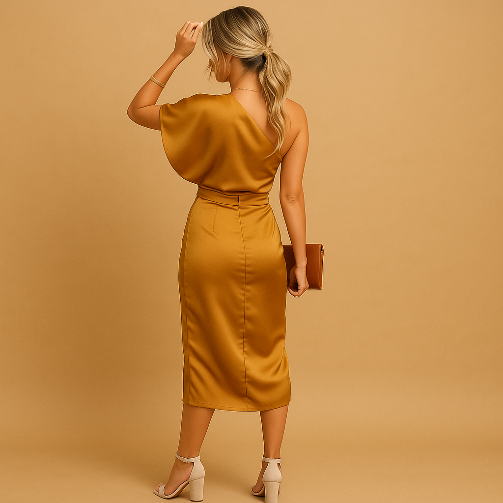 Draped women's formal slim fit dress, elegant style for evening wear, cocktail parties, and special events.