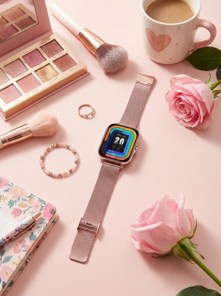Women's fitness smartwatch, activity tracker. Android/iOS compatible, stylish health monitor.
