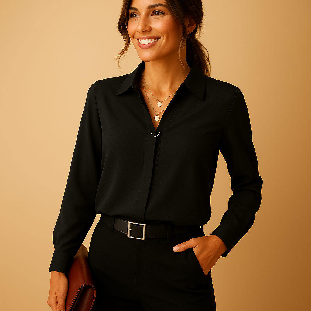 Elegant women's solid color blouse, versatile for work or casual wear. Comfortable tailored fit with classic collar.