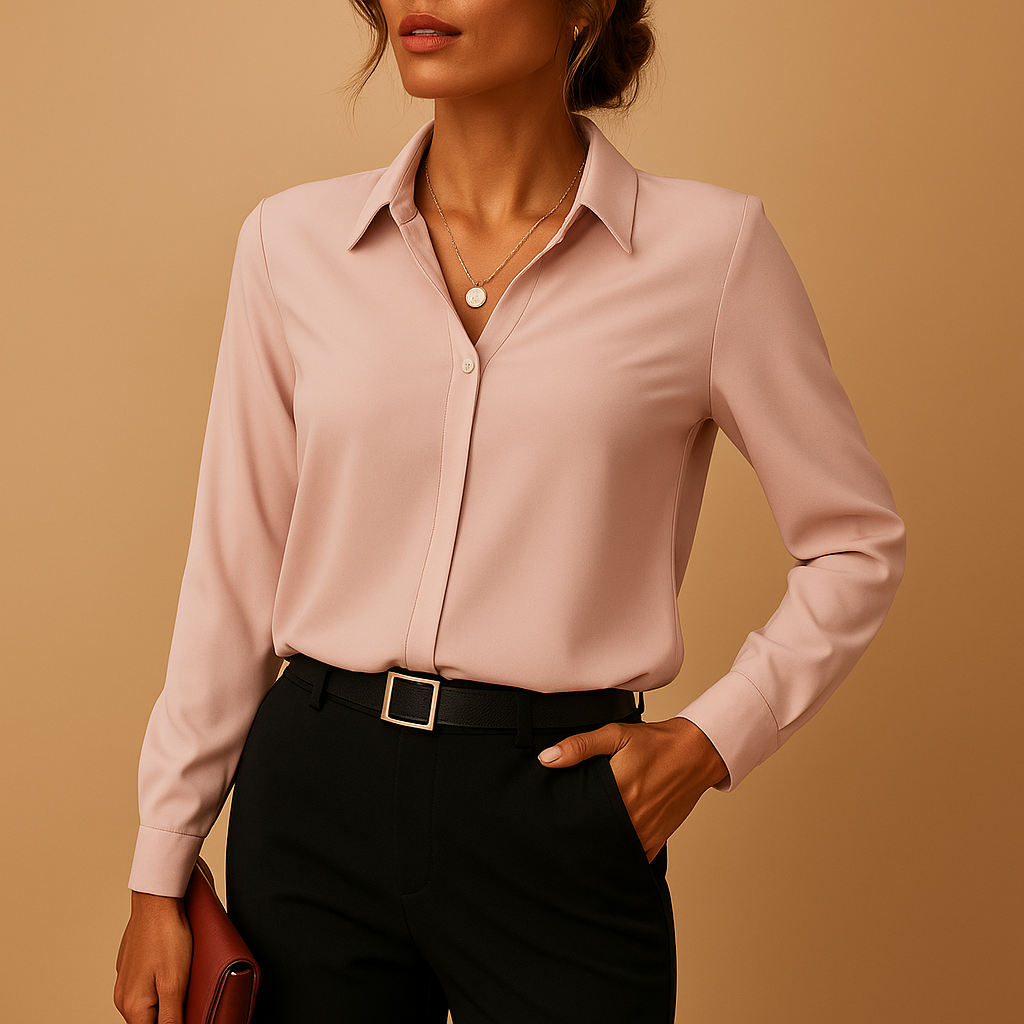 Close-up of a women's elegant solid blouse with button-down front & classic collar. Perfect for business casual.
