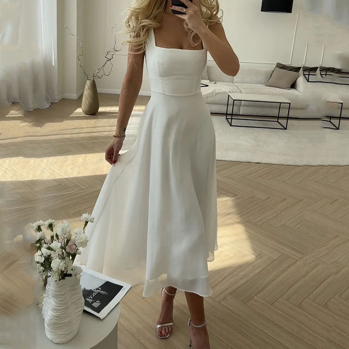 Elegant women's square neck midi dress, perfect for wedding guests & formal occasions