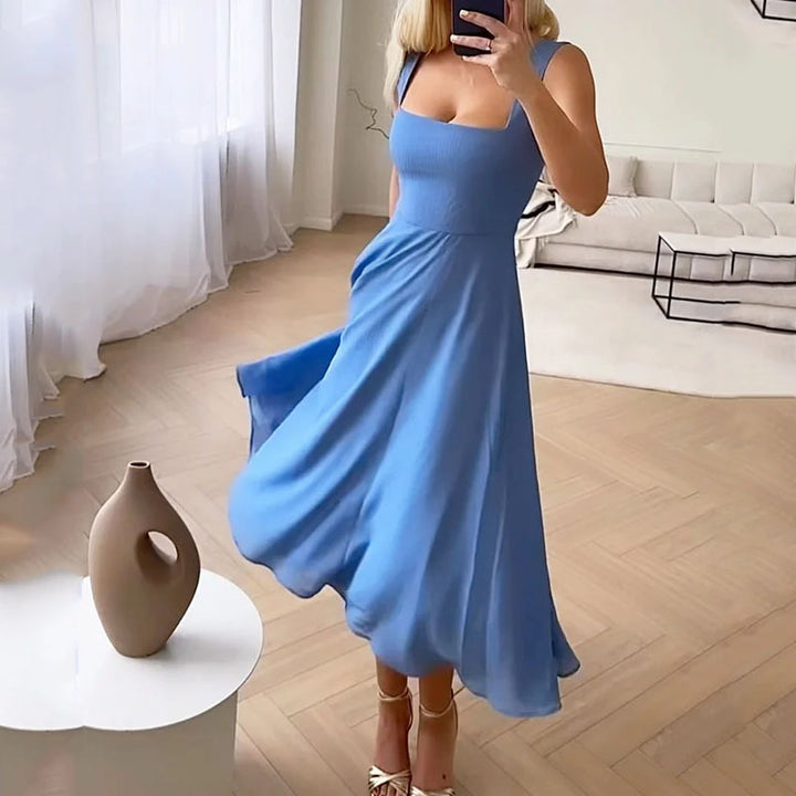 Chic formal midi dress with square neck for women, excellent wedding guest attire