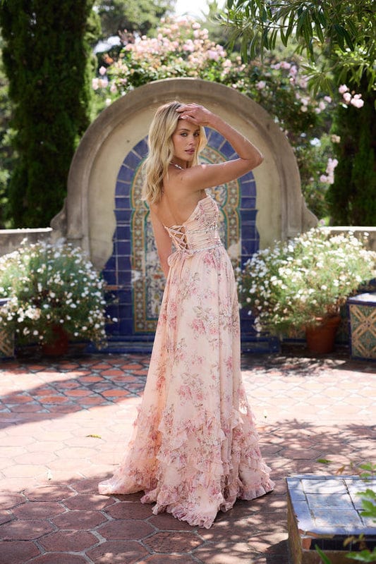 Chic pink floral strapless A-line maxi dress for women, ideal for summer events, parties & beach trips.