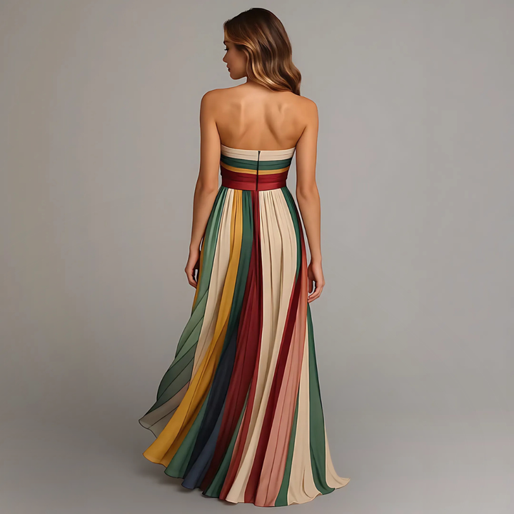 Women's formal strapless colorblock pleated maxi dress, ideal as an elegant party or evening statement piece.