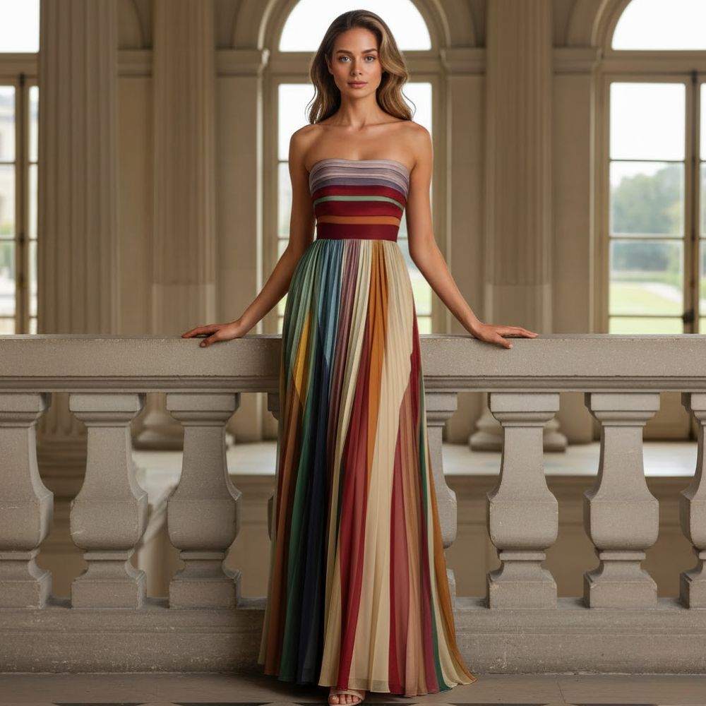 Elegant women's strapless pleated maxi dress, perfect for evening events, galas, and formal parties.