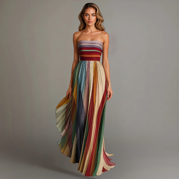 Women's formal strapless maxi dress featuring a beautiful pleated design, ideal for special occasions.