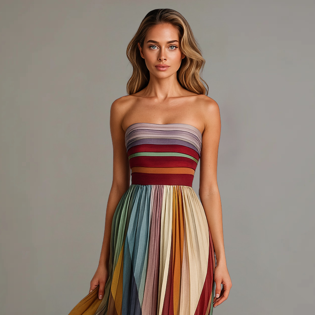 Full-length view of a sophisticated women's strapless pleated evening gown, highlighting its graceful flow.