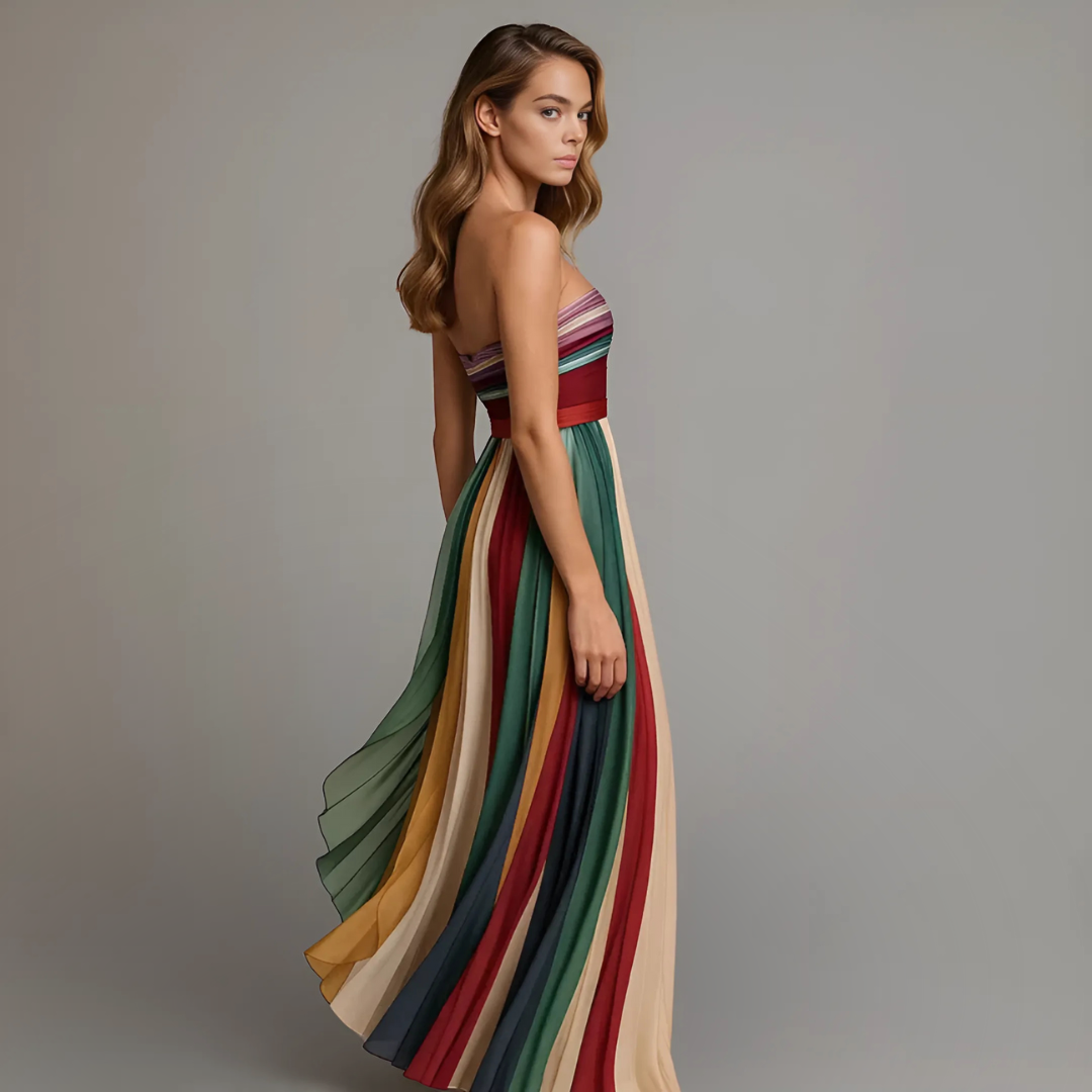 Stylish women's party dress: strapless, pleated maxi for elegant evening events & formal gatherings.