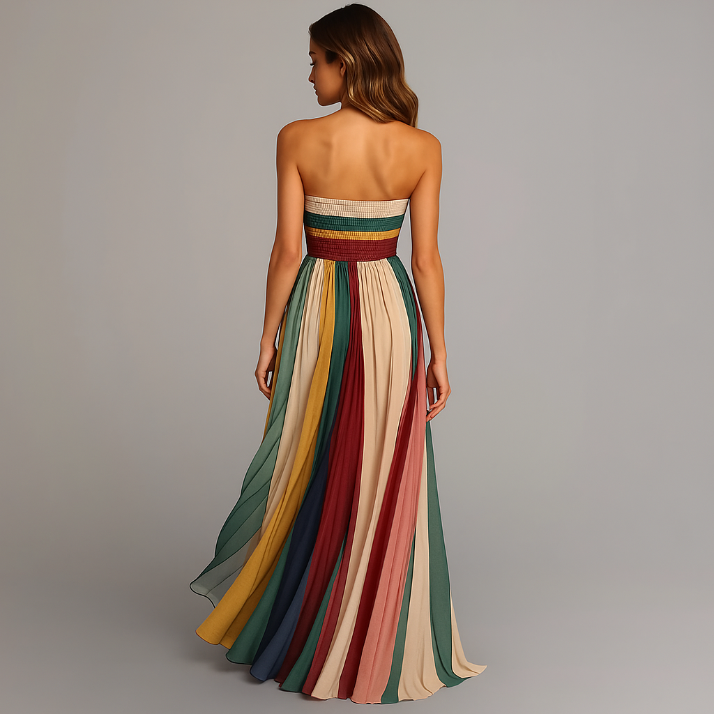 Luxurious women's strapless pleated maxi dress, an elegant choice for any formal evening event.