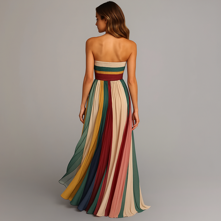 Luxurious women's strapless pleated maxi dress, an elegant choice for any formal evening event.
