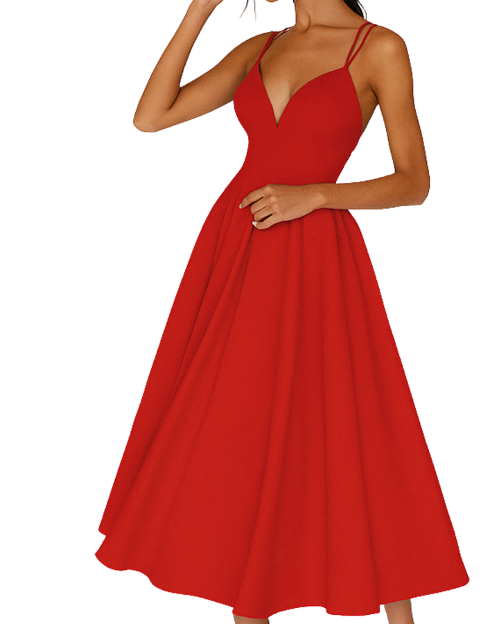 Formal black strappy midi dress with a flowing silhouette, suitable for a women's wedding guest