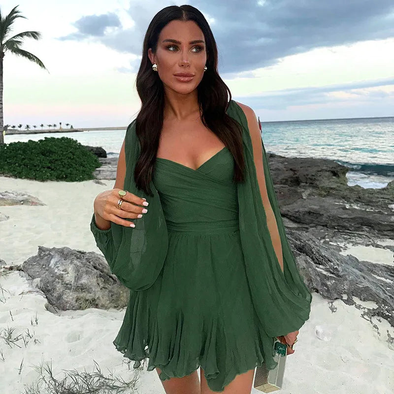 Vibrant women's summer long sleeve mini dress, an elegant and comfortable day dress option.