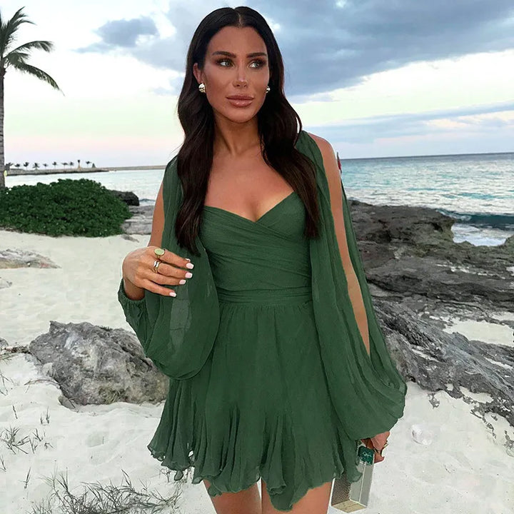 Vibrant women's summer long sleeve mini dress, an elegant and comfortable day dress option.
