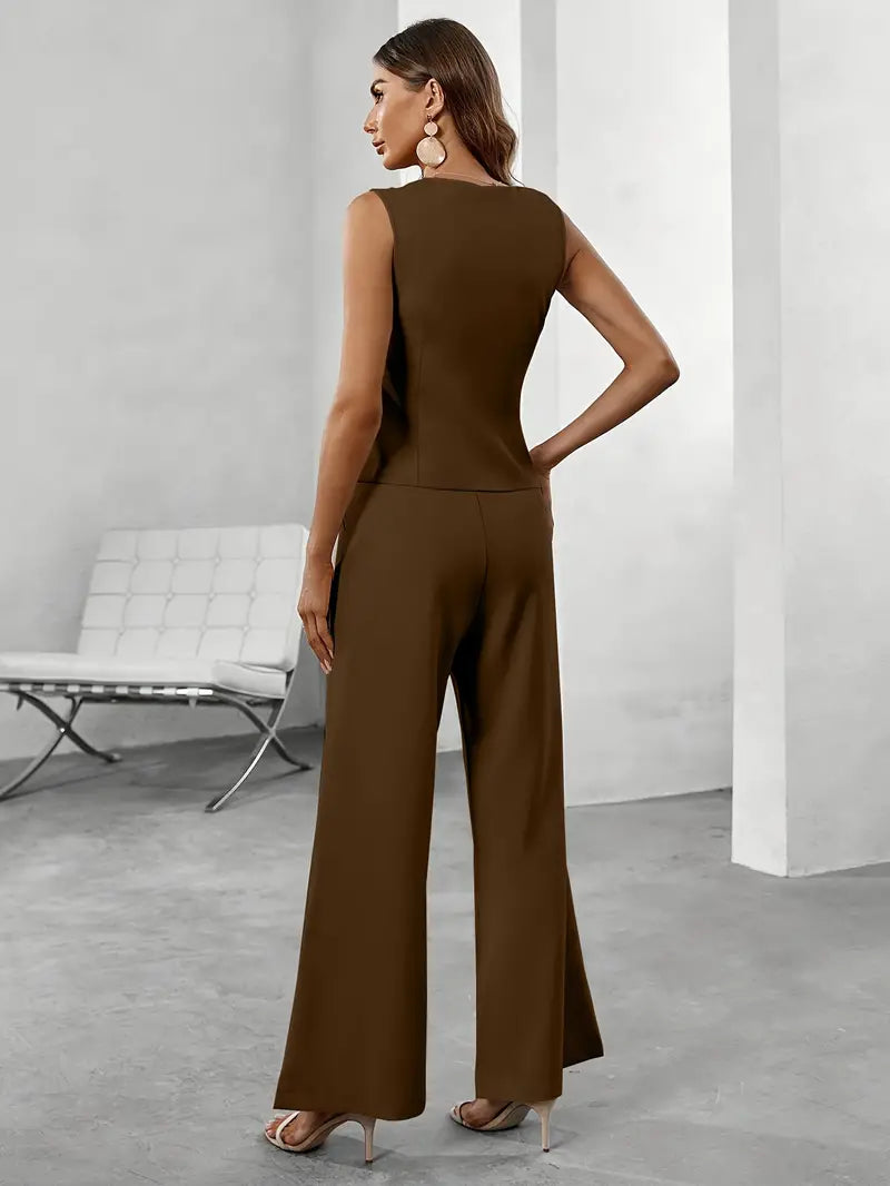 Chic women's tailored suit set with blazer and trousers, a stylish & versatile formal outfit.