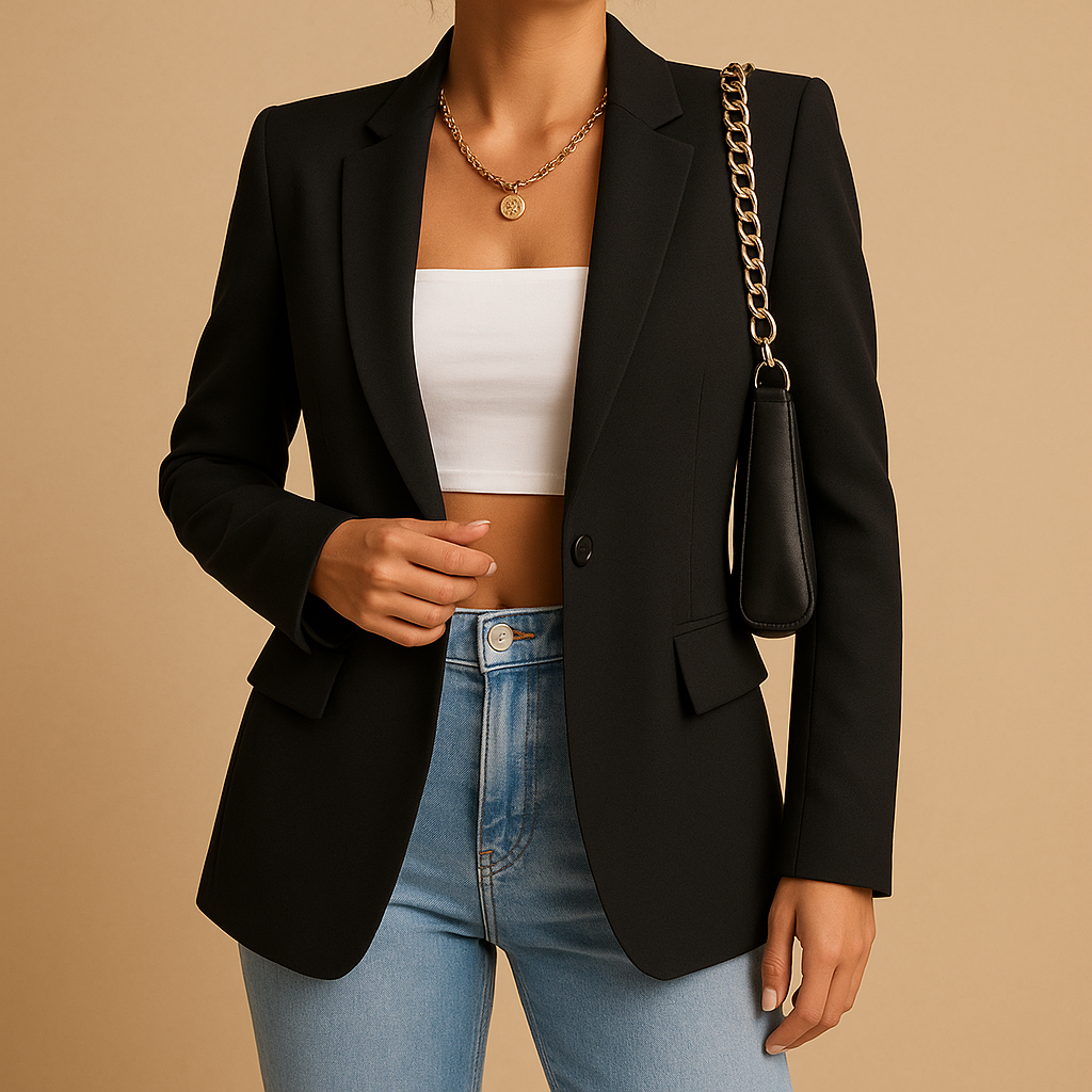 Classic women's tailored blazer, designed for a professional, elegant silhouette, suitable for formal and casual wear.