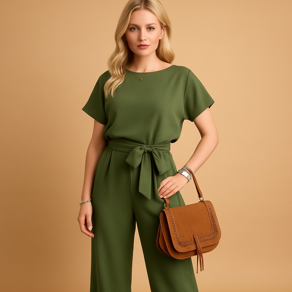 Tailored women's jumpsuit with graceful flowy sleeves, an elegant choice for any formal or special event.