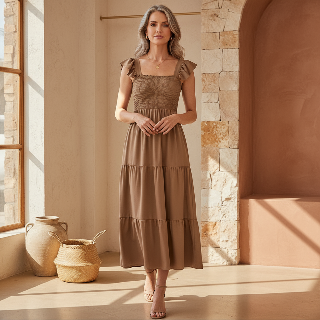 Elegant women's tiered midi dress with flowy design, perfect for spring/summer occasions.