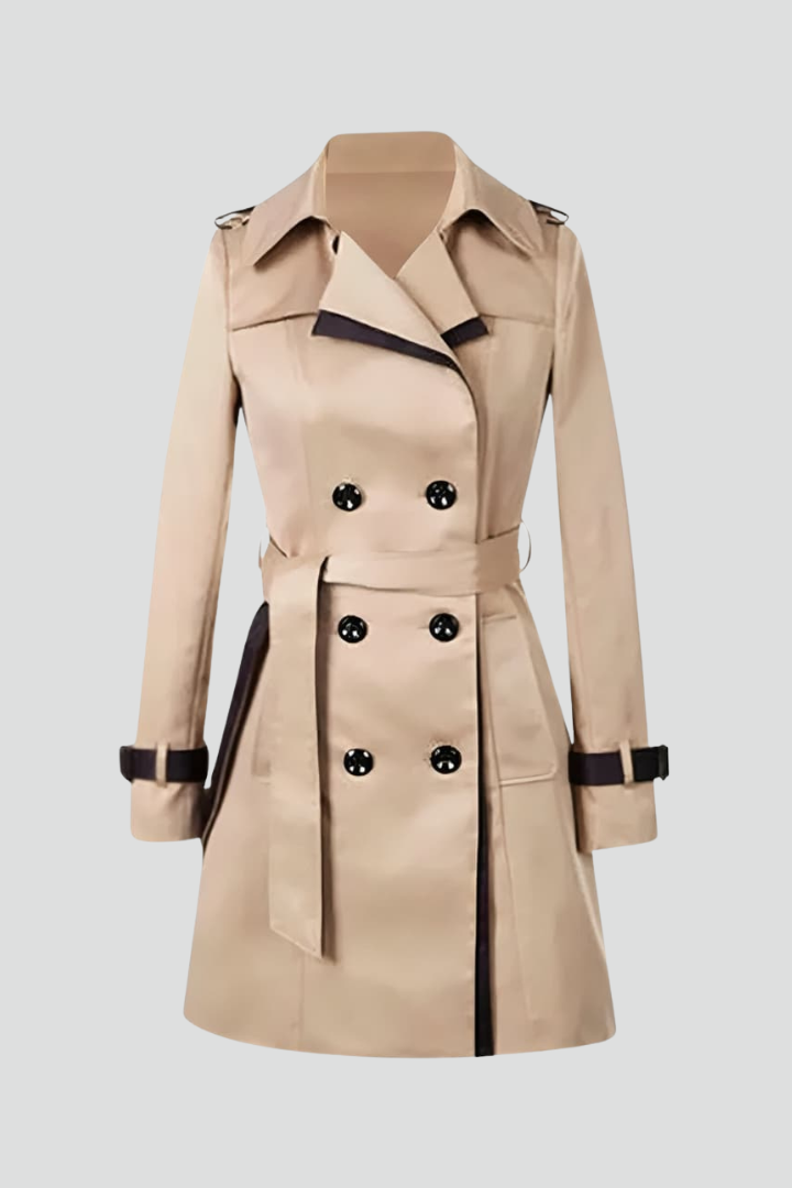 Elegant women's trench coat with adjustable belt & textured fabric, perfect classic outerwear for fall & spring fashion.