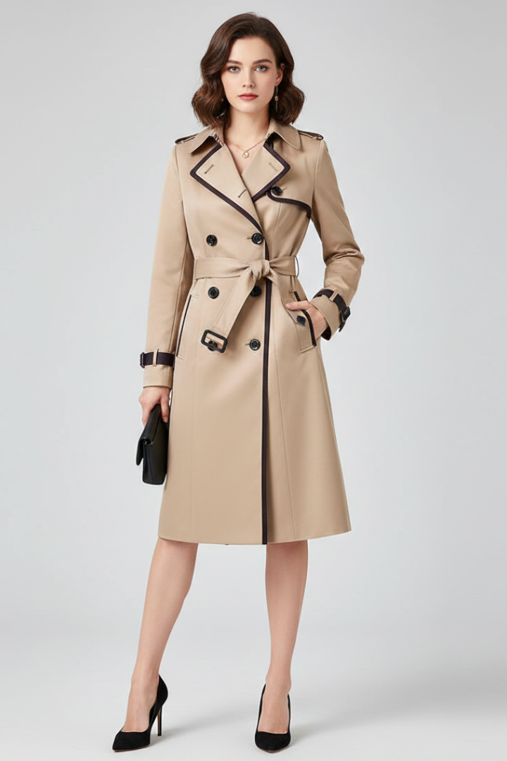 Classic women's belted trench coat with textured style, ideal elegant outerwear for fall & spring fashion.