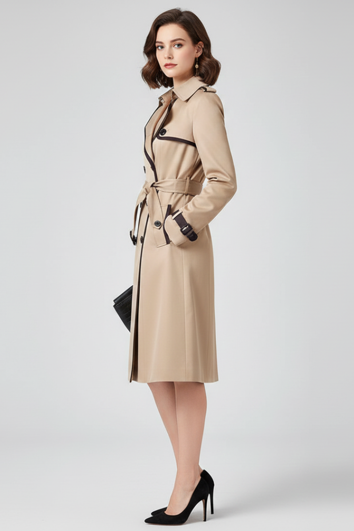 Textured women's trench coat featuring an adjustable belt, a stylish & elegant piece of classic fall outerwear.