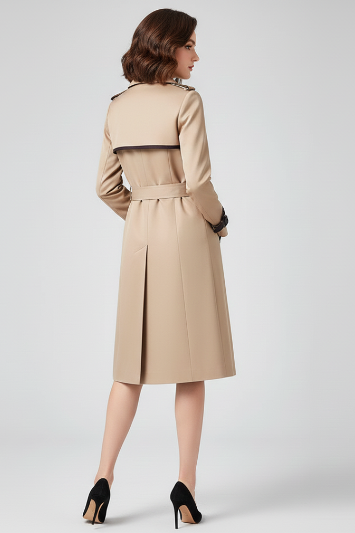 Sophisticated women's trench coat with adjustable belt for a chic look, essential textured outerwear for spring/fall.