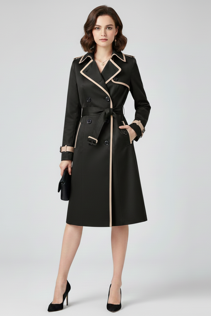 Stylish women's textured trench coat with adjustable belt, a classic elegant outerwear choice for fall & spring.