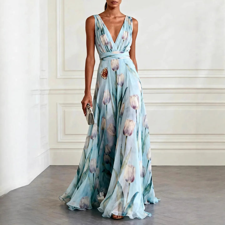Elegant women's tulip print midi dress with V-neck, perfect for wedding guests or special occasions.