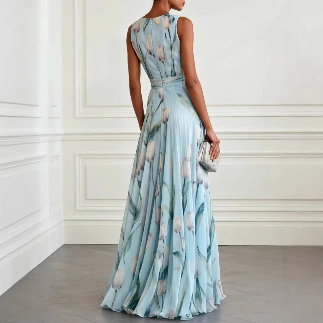 Flowing women's sleeveless V-neck tulip print midi dress, elegant and comfortable for wedding guests.