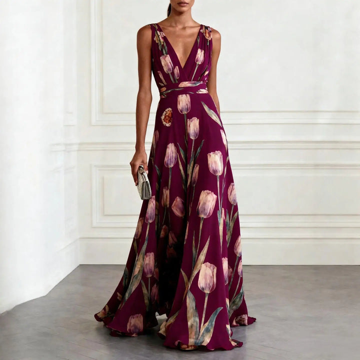 Side view of a women's elegant V-neck tulip print midi dress, ideal for wedding guest or special events.