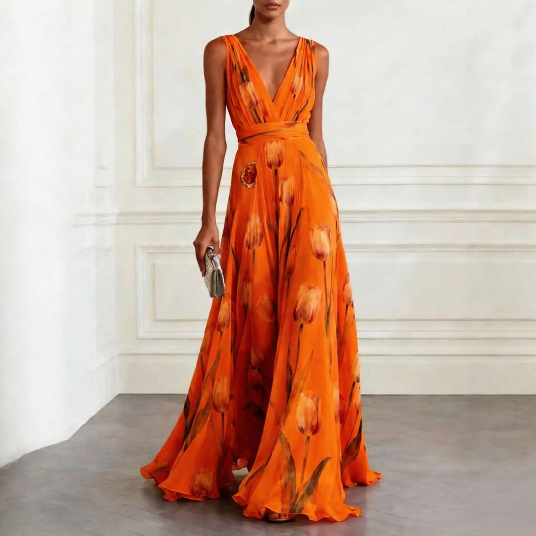 Sophisticated women's tulip print V-neck midi dress, an elegant choice for wedding guests and special occasions.