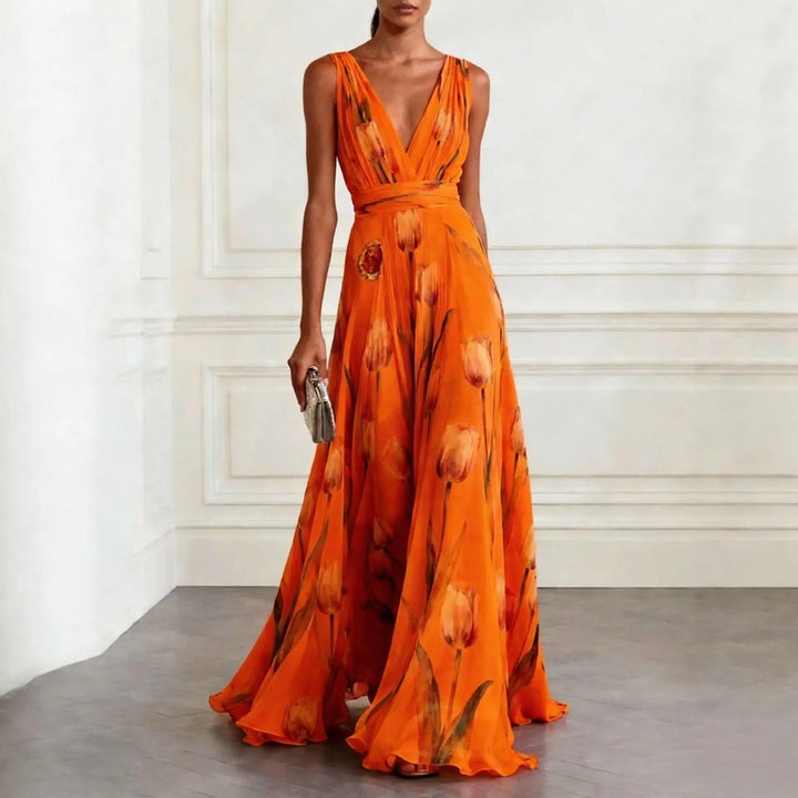 Sophisticated women's tulip print V-neck midi dress, an elegant choice for wedding guests and special occasions.