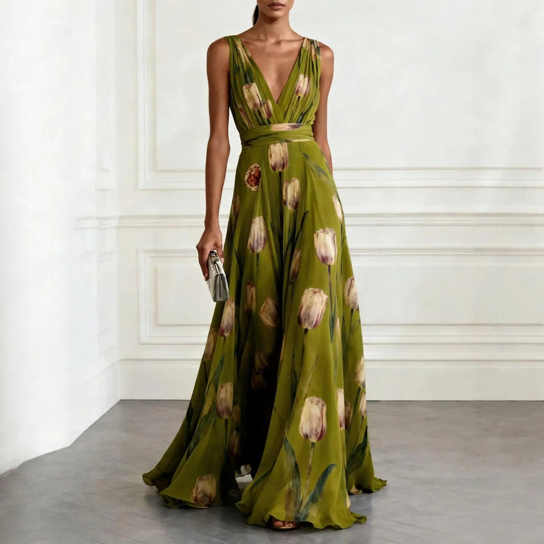 Stylish women's sleeveless tulip floral print midi dress with V-neck, perfect elegant gown for wedding guests.