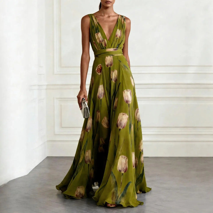 Stylish women's sleeveless tulip floral print midi dress with V-neck, perfect elegant gown for wedding guests.